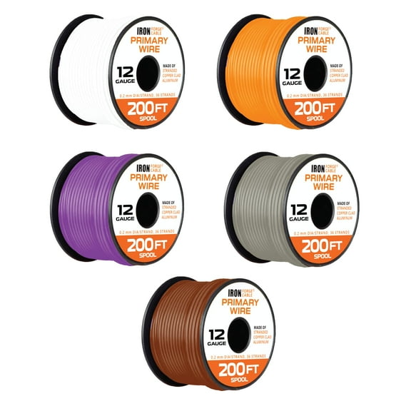 Iron Forge Cable 12 Gauge Primary Automotive Wire - 5 Roll Assortment Pack - 200 Ft of Copper Clad Aluminum Wire per Roll - for Home or Automotive