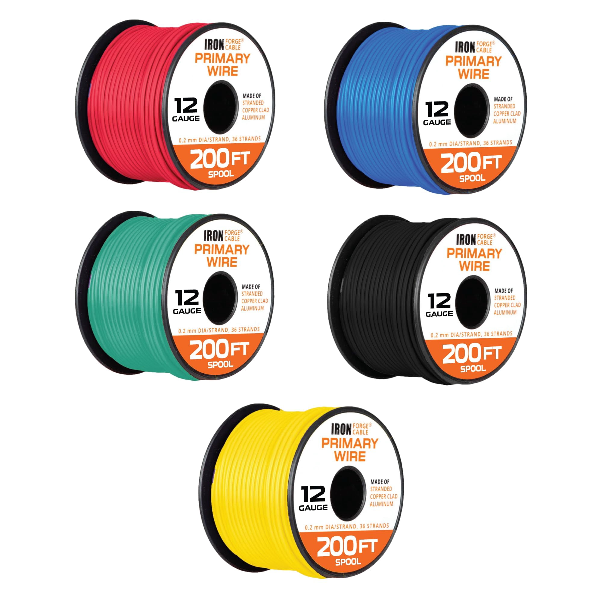 Iron Forge Cable 12 Gauge Primary Automotive Wire - 5 Roll Assortment Pack - 200 Ft of Copper Clad Aluminum Wire per Roll - for Home or Automotive