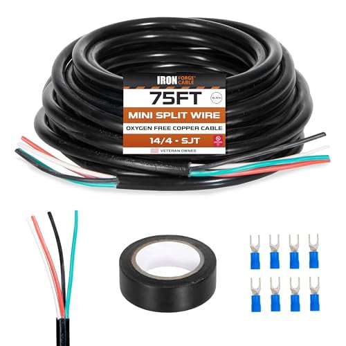 Iron Forge Cable 14/4 Mini Split Wire - 75ft, 300V, 14 Gauge 4 Conductor Wire with Connectors and Tape - 14-4 Copper Conductor Cable UL/ETL Certified