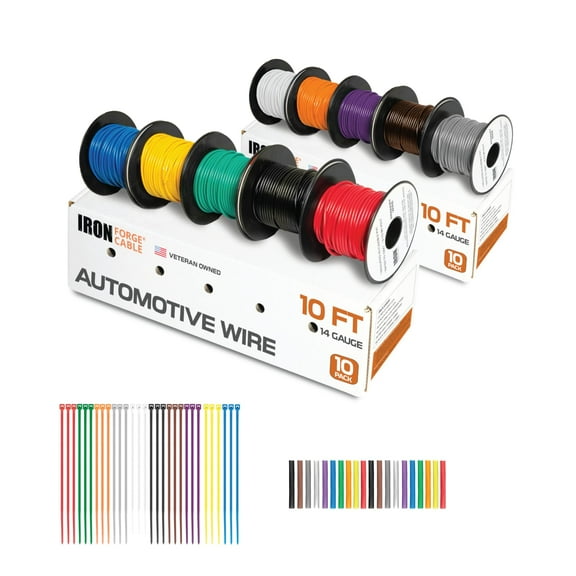 Iron Forge Cable 14 Gauge Wire - 10 Roll Assortment Pack Automotive Wiring Kit with Dispenser Box - 10ft Stranded Copper Clad Primary Cable per Roll