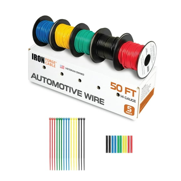 Iron Forge Cable 14 Gauge Wire - 5 Roll Assortment Pack Automotive Wiring Kit with Dispenser Box - 50ft Stranded Copper Clad Primary Cable per Roll