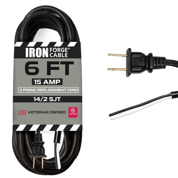 Iron Forge Cable 15 Amp Power Cord Replacement Two Prong Polarized Plug with Open End - 6 ft Black Extension Cable, 14 Gauge - 2 Wire 14/2 SJT