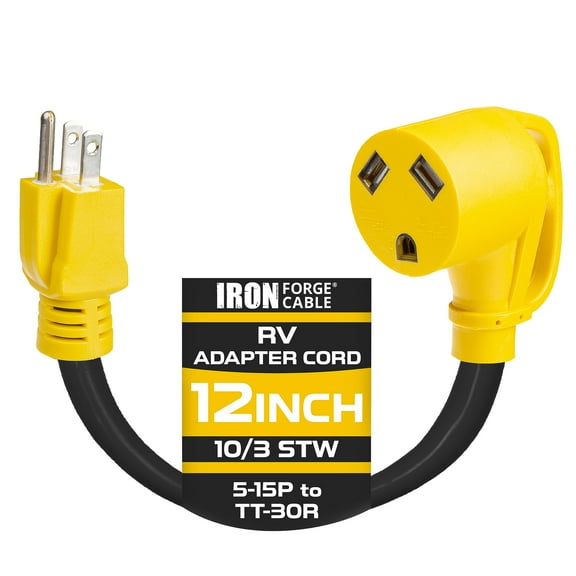 Iron Forge Cable RV Cord, Generator and RV Electrical Adapter Power Cord, 5-15P Male Plug to TT-30R Female, 12 Inch Plug Adapter - 10/3 STW Yellow