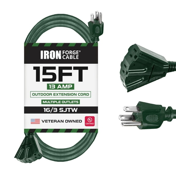 Iron Forge Cable 15 Foot Outdoor Extension Cord with 3 Electrical Power Outlets - 16/3 SJTW Durable Green Extension Cable with 3 Prong Grounded Plug for Safety