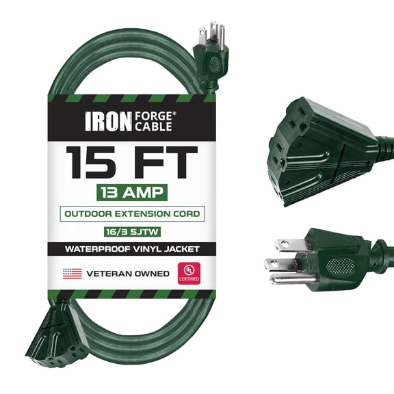 Iron Forge Cable 15ft Green Outdoor Extension Cord with 3 Outlets - 16/3 SJTW 15ft Extension Cord 3 Prong, 13 Amp All-Weather Heavy Duty Power Cable