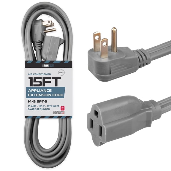 Iron Forge Cable 15 ft Appliance Extension Cord Gray 14/3 Heavy Duty - Flat Plug & Flat Cable 15 Amp 3 Prong SPT-3 for Major Home Appliances, 14 AWG