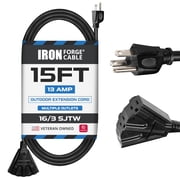 Iron Forge Cable 15 Ft Black Extension Cord with 3 Outlets - 16/3 SJTW 15 Foot 3 Outlet Outdoor Extension Cord 3 Prong, Weatherproof Exterior Power Cable for Outdoor