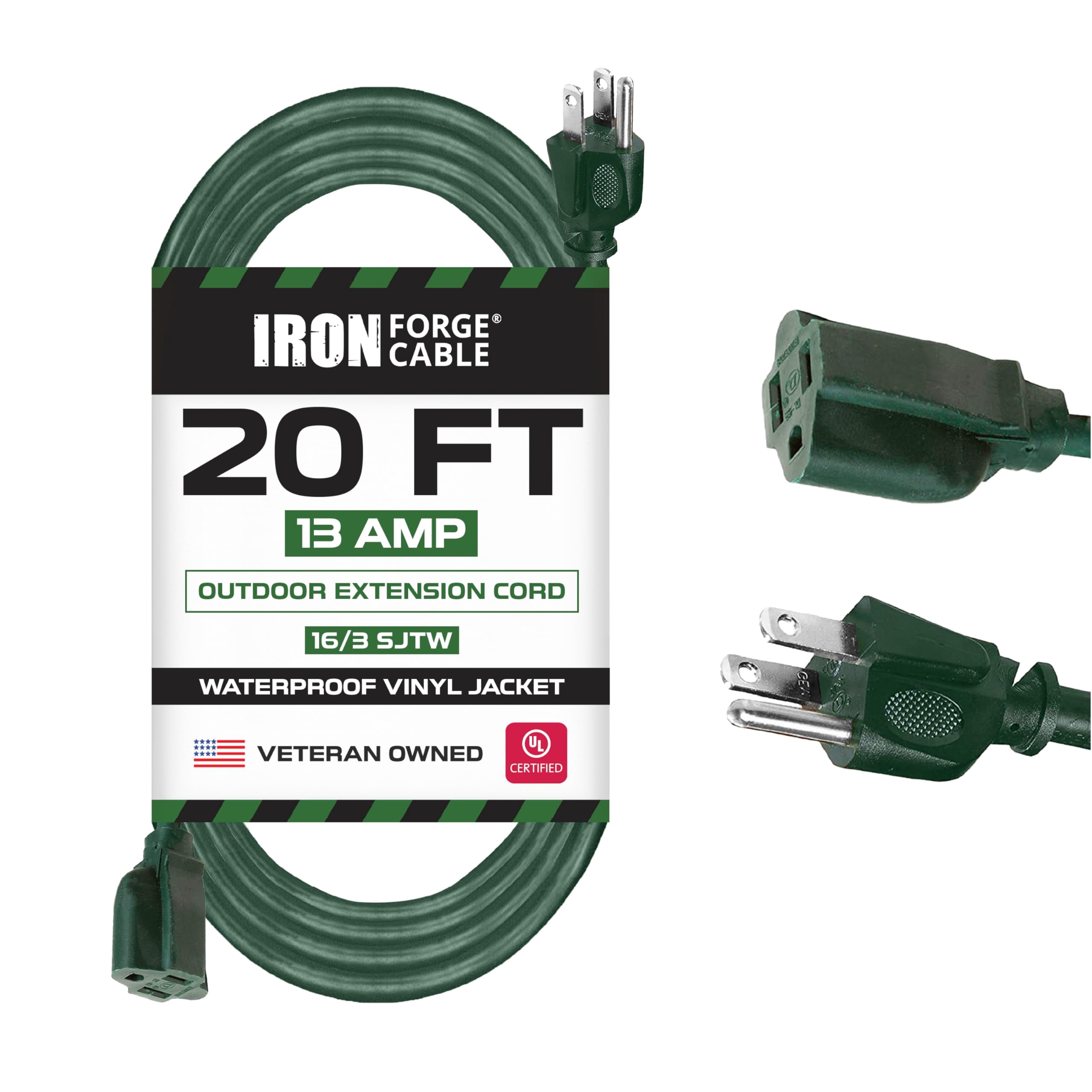Iron Forge Cable 20 Foot Outdoor Extension Cord, 16/3 Green 20 Foot Extension Cord Indoor/Outdoor Use, 3 Prong, Weatherproof Jacket, Great for Gardens, Landscaping, Lawn Mower and More
