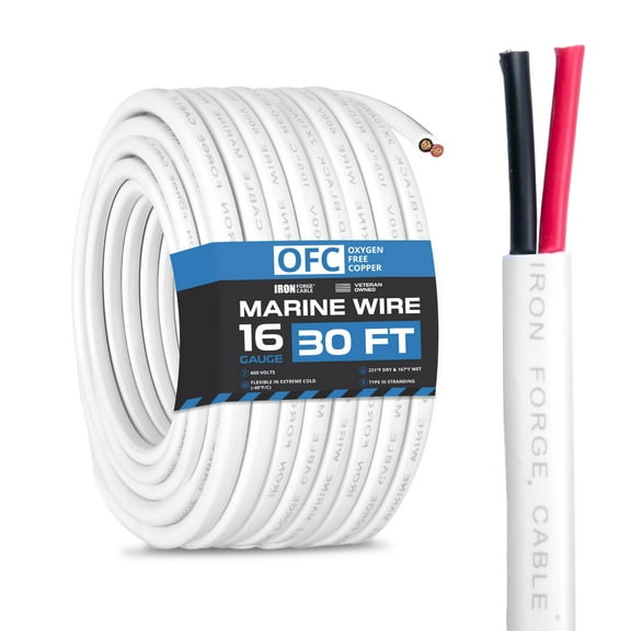 Iron Forge Cable 16 Gauge Marine Wire - 30 Foot, 16 AWG Cable for Boat Wiring, 16/2 Tinned Copper Duplex Marine Grade Outdoor Electric Wire for Boat, Dock, RV, Solar, and Automotive