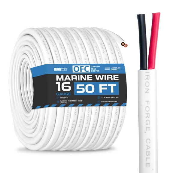 Iron Forge Cable 16 Gauge Marine Wire - 50 Foot, 16 AWG Cable for Boat Wiring, 16/2 Tinned Copper Duplex Marine Grade Outdoor Electric Wire for Boat, Dock, RV, Solar, and Automotive