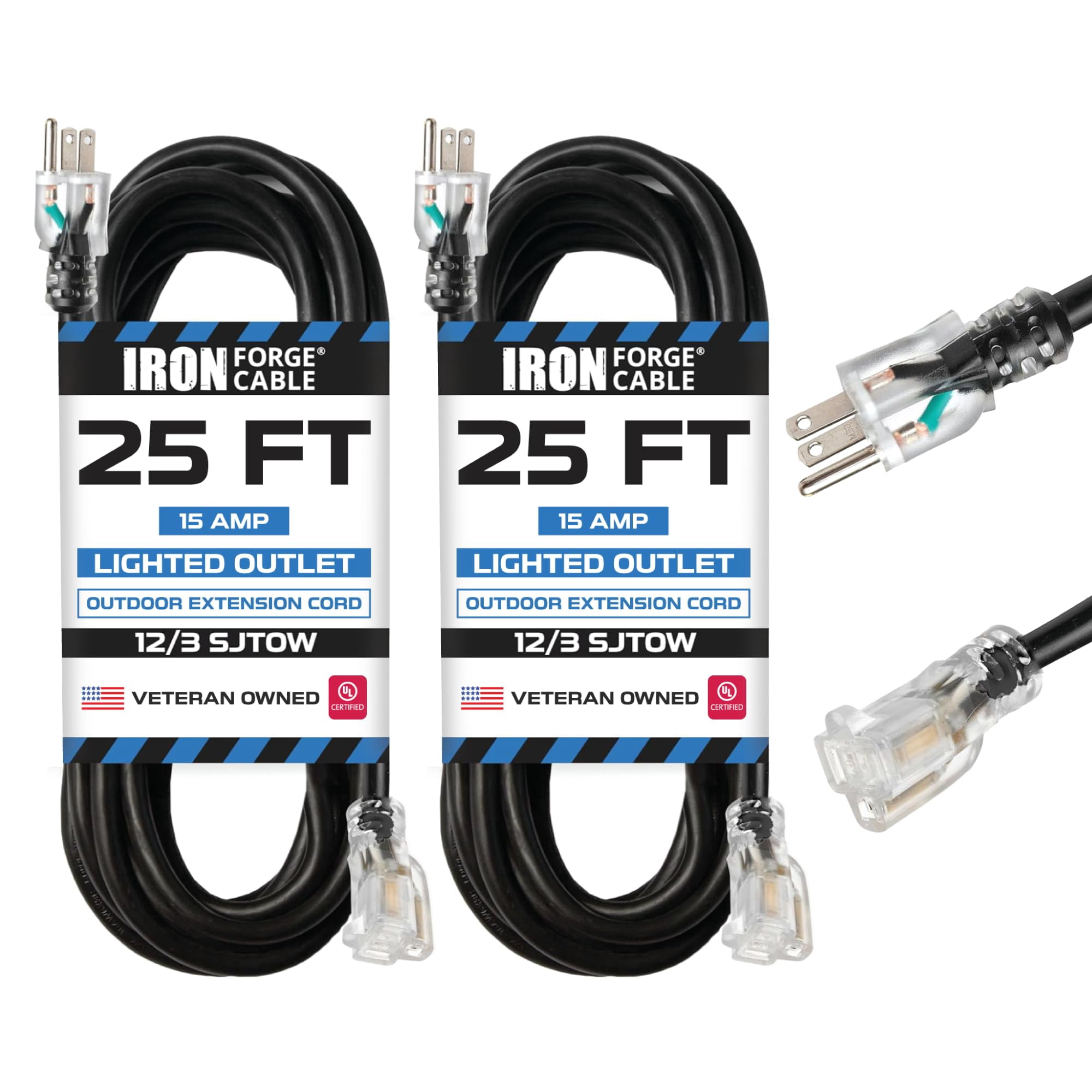 Iron Forge Cable 2 Pack 12 Gauge Outdoor Extension Cord 25 Ft, SJTOW 12/3 Heavy Duty Extension Cord 3 Prong - Oil Resistant & Flame Retardant