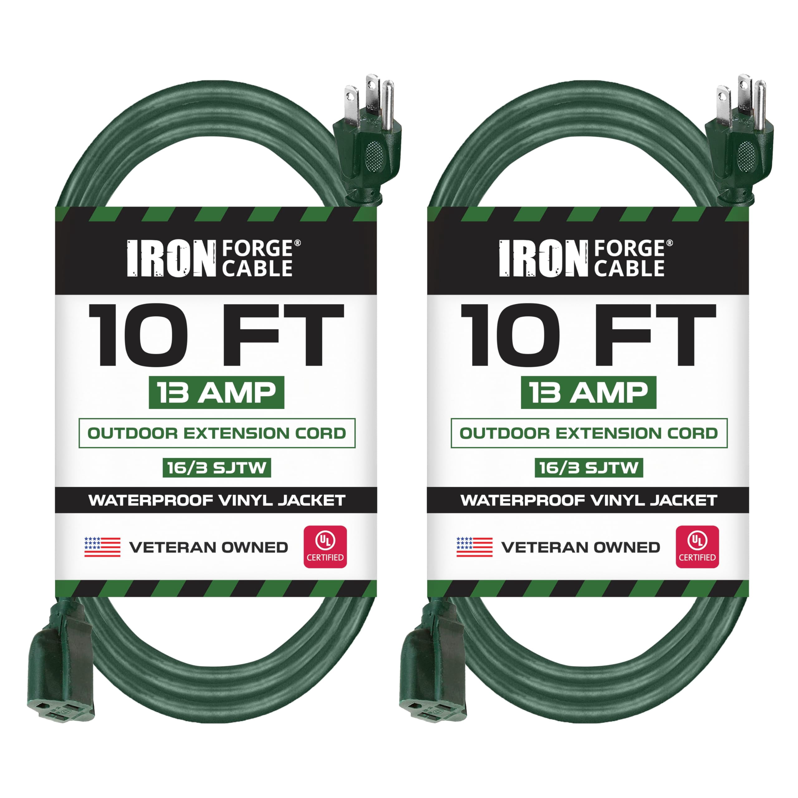 Iron Forge Cable 2 Pack Weatherproof 10 Ft Outdoor Extension Cord - 16/3 SJTW Heavy Duty Green Extension Cord 3 Prong - 13 Amp Exterior Power Cable