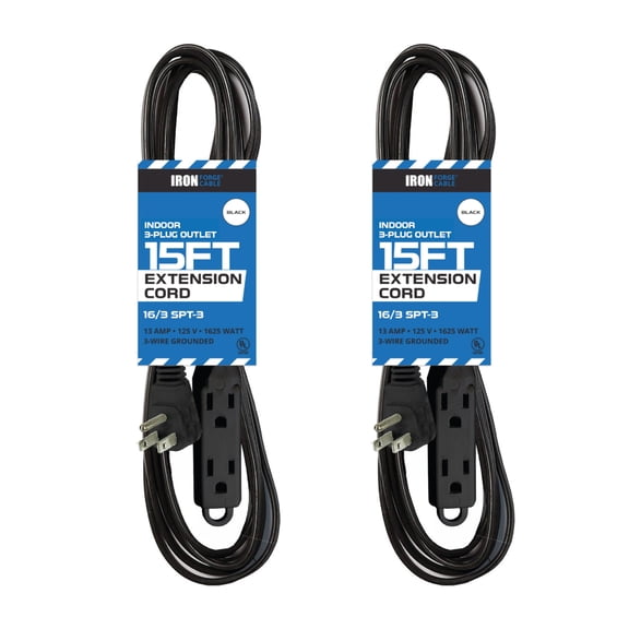 Iron Forge Cable 2 Pack 15 ft Flat Plug Black Extension Cord with 3 Outlets - 16/3 SJTW 3 Prong Indoor Extension Cord with Multiple Outlets
