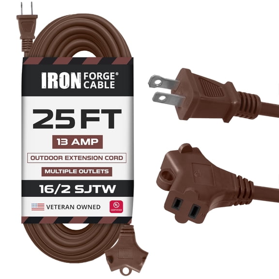 Iron Forge Cable 2 Prong Outdoor Extension Cord 25 ft with 2 Outlets - 16/2 SJTW, 13 Amp 25ft Brown Extension Cord with Multiple Outlets