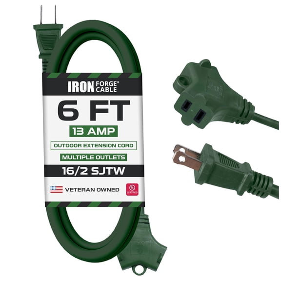 Iron Forge Cable 2 Prong Outdoor Extension Cord 6 ft with 2 Outlets - 16/2 SJTW, 13 Amp 6ft Green Extension Cord with Multiple Outlets - 16 Gauge Heavy Duty for Outside