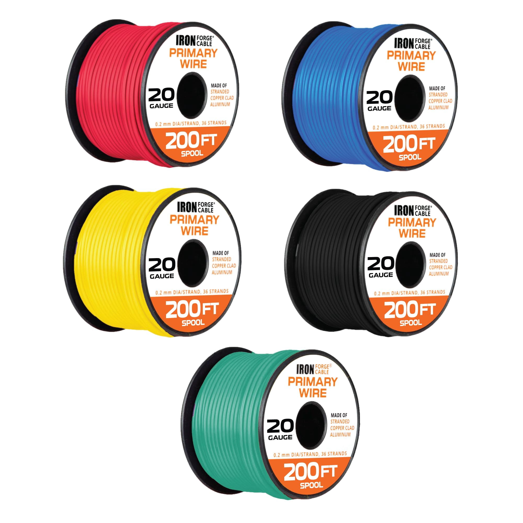 Iron Forge Cable 20 Gauge Primary Automotive Wire - 5 Roll Assortment Pack - 200 Ft of Copper Clad Aluminum Wire per Roll - for Home or Automotive