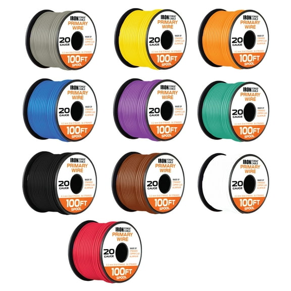 Iron Forge Cable 20 Gauge Wire - 100ft Copper Clad Aluminum Primary Wire per Roll - 20 AWG Heavy Duty Cables for Speakers - 10 Roll Assortment Pack