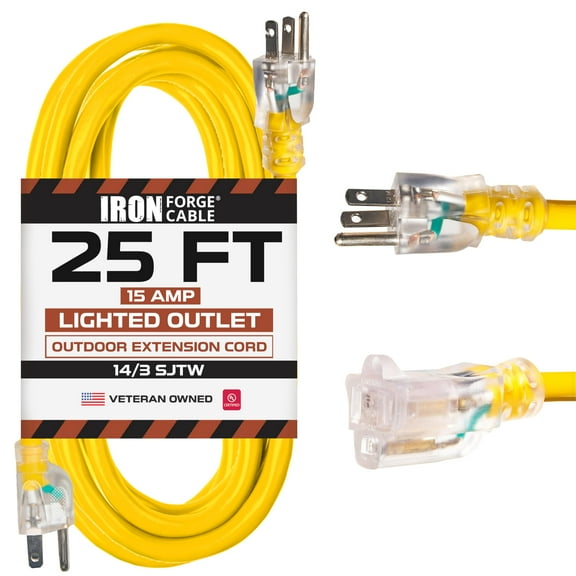 Iron Forge Cable Weatherproof 25 Ft Outdoor Extension Cord - 14/3 SJTW 15 Amp Heavy Duty Yellow Extension Cord 3 Prong - Lighted End