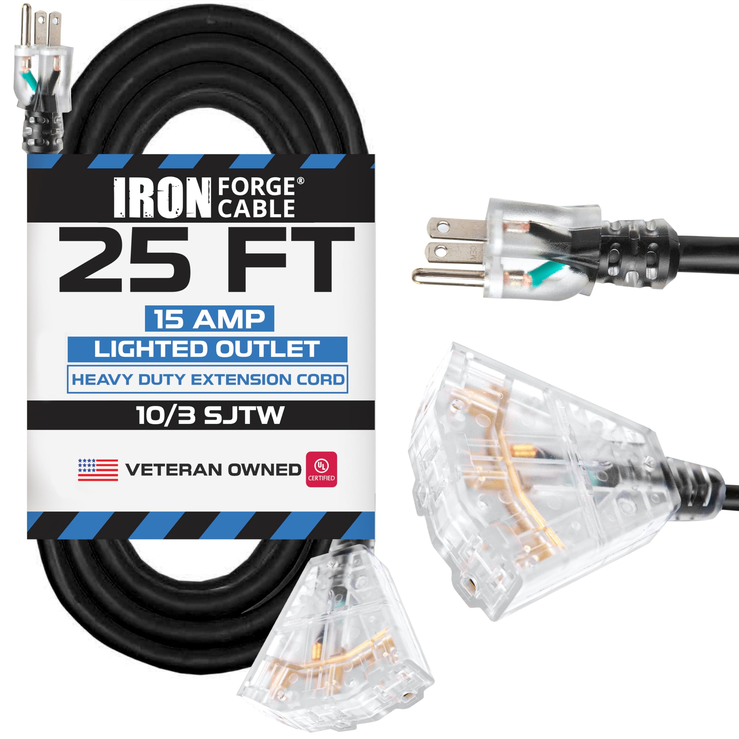 Iron Forge Cable 25 Foot Lighted Outdoor Extension Cord with 3 Outlets - 10/3 SJTW Heavy Duty Black Extension Cable 3 Prong - Multiple Outlets