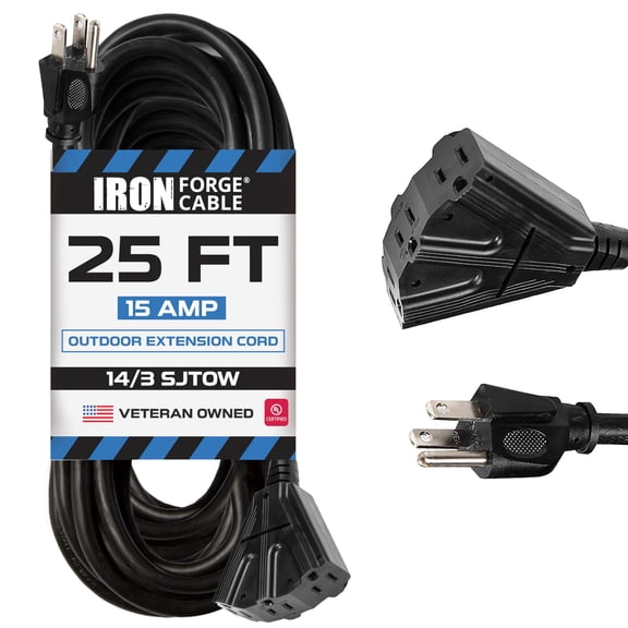 Iron Forge Cable 14 Gauge Outdoor Extension Cord 25 Ft with 3 Power Outlets, SJTOW 14/3 Heavy Duty Outdoor Black Extension Cord 3 Prong, Oil Resistant & Flame Retardant