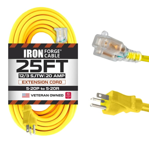 Iron Forge Cable 25 Ft Extension Cord - Nema 5-20 Extension Cord, 5-20P to 5-20R Lighted Yellow SJTW 12 Gauge Electric Cable, 20 Amp Heavy Duty