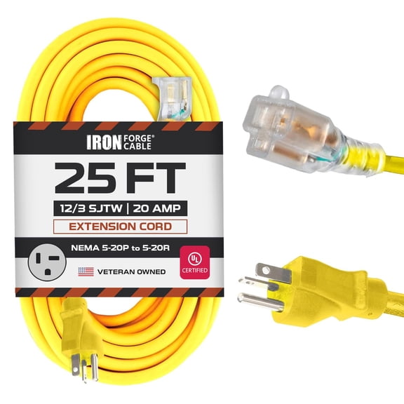 Iron Forge Cable 25 Ft Extension Cord - Nema 5-20 Extension Cord, 5-20P to 5-20R Lighted Yellow SJTW 12 Gauge Electric Cable, 20 Amp Heavy Duty