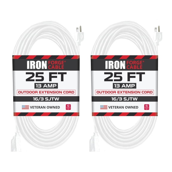 Iron Forge Cable 2 Pack Weatherproof 25 Ft Outdoor Extension Cord - 16/3 SJTW Heavy Duty White Extension Cord 3 Prong - 13 Amp Exterior Power Cable