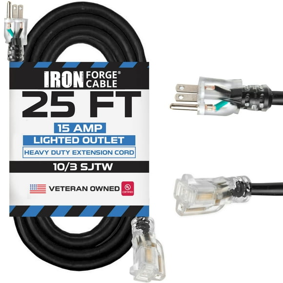 Iron Forge Cable 25 ft Lighted Outdoor Extension Cord - 10/3 SJTW Heavy Duty Black Extension Cable with 3 Prong 15 AMP Grounded Plug for Safety