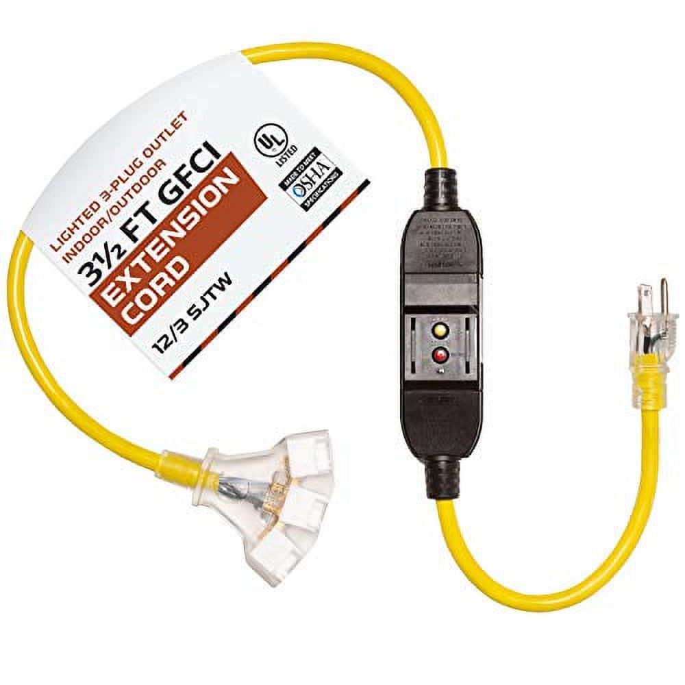 Iron Forge Cable 3.5 Foot Lighted Outdoor GFCI Extension Cord with 3 Electrical Power Outlets - 12/3 SJTW Heavy Duty Yellow Cable with 3 Prong Grounded Plug for Safety
