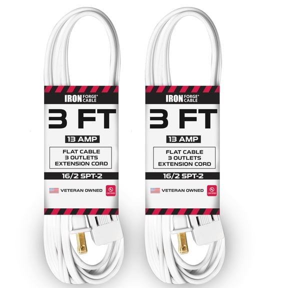 Iron Forge Cable 2 Pack 3 ft White Extension Cord with 3 Outlets - 16/2 SJTW 2 Prong Indoor Extension Cord with Multiple Outlets
