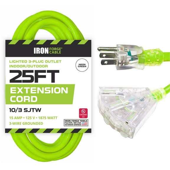 Iron Forge Cable 3 Outlet 10 Gauge Extension Cord 25 ft, 10/3 Heavy Duty Extension Cord with Multiple Plugs 3 Prong, SJTW Weatherproof Outdoor Power Cable Multi Outlets for Major Appliances