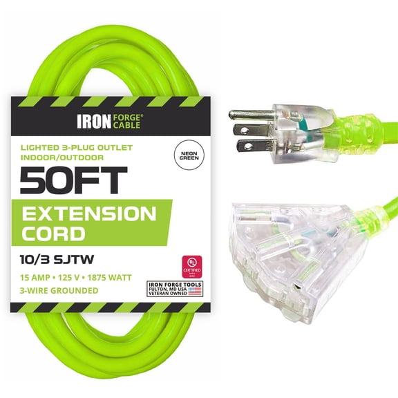 Iron Forge Cable 10 Gauge 50ft Lighted Outdoor Heavy Duty Extension Cord with 3 Outlets - 15 Amp 10/3 SJTW Green Extension Cord with Multiple Outlets