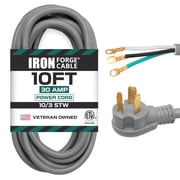 Iron Forge Cable 3 Prong Dryer Cord 10ft - NEMA 10-30 Extension Wire 30 Amp with Three Ring Terminals - 10 Gauge Appliance Power Cord 125V/250V - Flat Plug - ETL Certified STW - Gray