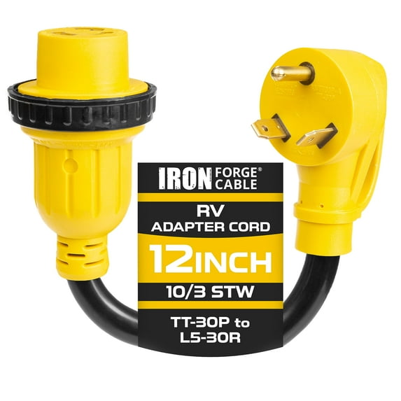 Iron Forge Cable RV Cord, Generator and RV Electrical Adapter Power Cord, TT-30P Locking Plug to L5-30R, 12 Inch Plug Adapter - 10/3 STW Yellow