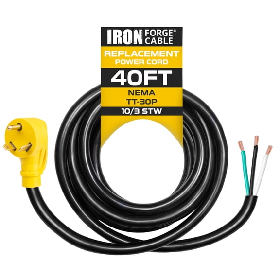 Iron Forge Cable 30 Amp RV Replacement Cord 40 ft - 10/3 RV Extension Cord 40 Foot NEMA TT-30P to Open End 3 Wire - Heavy Duty 10 Gauge STW RV Cord