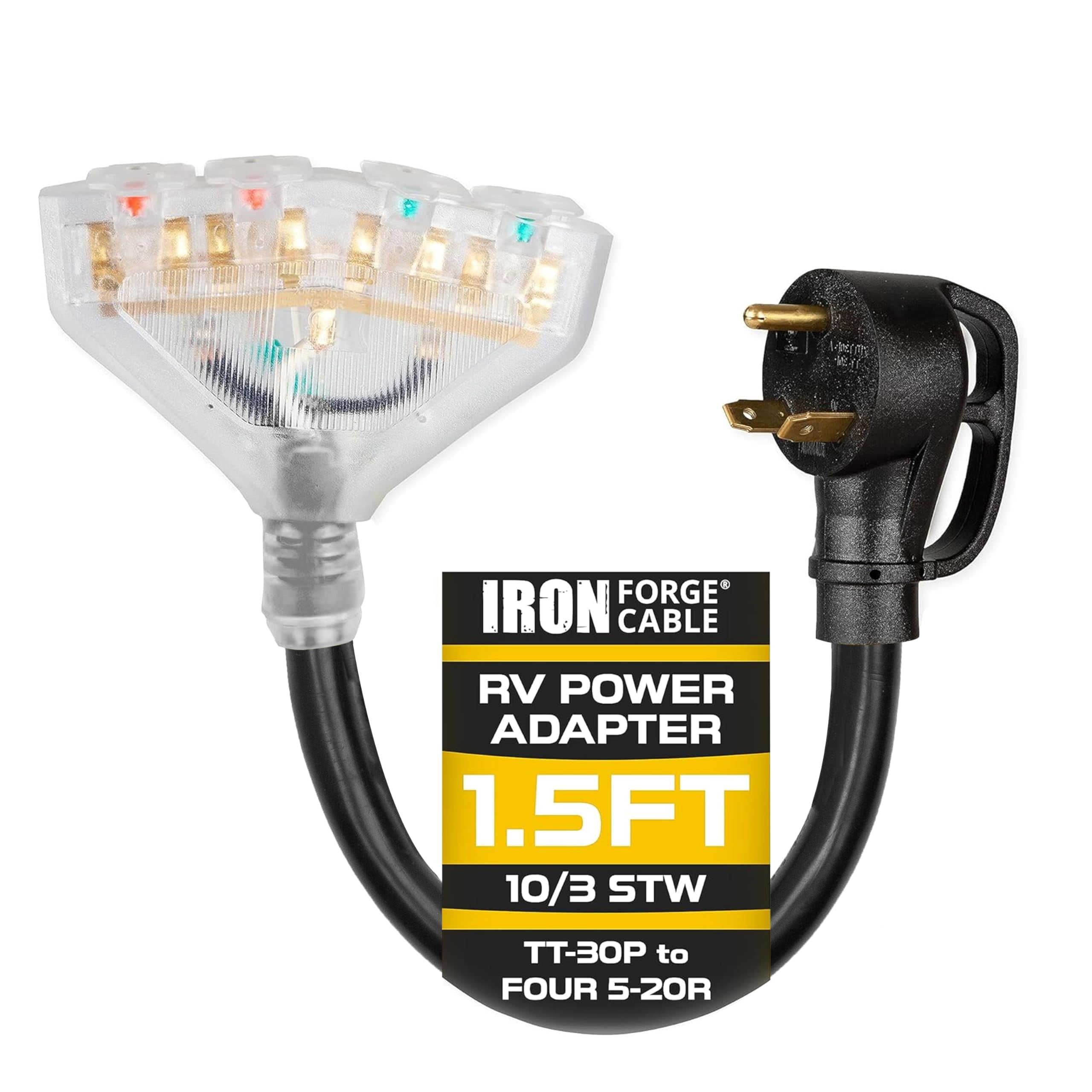 Iron Forge Cable RV Cord, Generator and RV Electrical Adapter Power Cord, TT-30P Male Plug to 4 5-20R Female, 1.5 Ft Plug Adapter - 10/3 STW Yellow