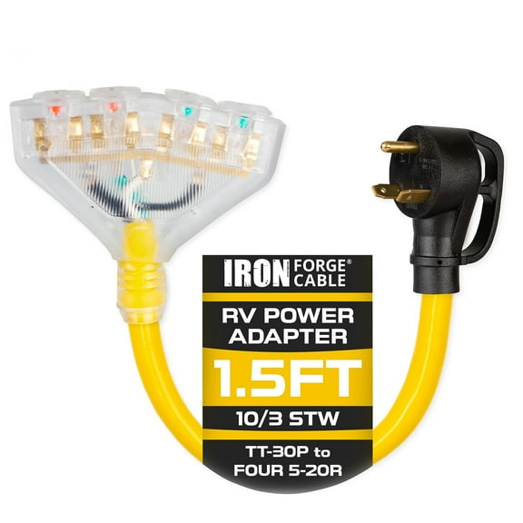Iron Forge Cable 30 Amp to 20 Amp RV Electrical Adapter Power Cord, 1.5 Ft - 10/3 STW TT-30P Male Plug to 4 5-20R Female Receptacles