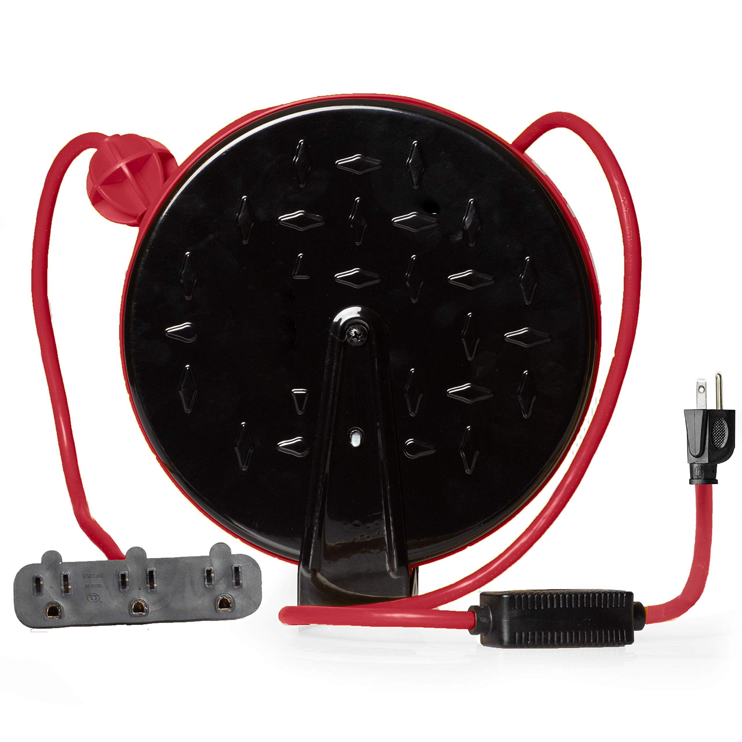 IRON FORGE CABLE 30Ft Retractable Extension Cord Reel with Breaker Switch & 3 Electrical Power Outlets - 16/3 SJTW Durable Red Cable - Perfect for Hanging from Your Garage Ceiling