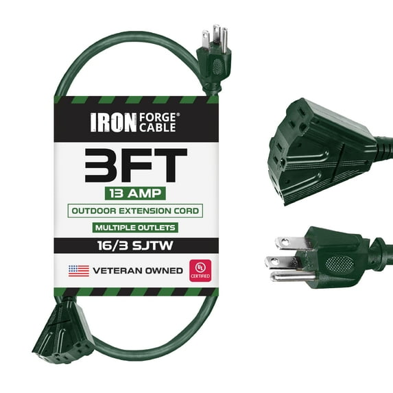 Iron Forge Cable 3ft Green Outdoor Extension Cord with 3 Outlets - 16/3 SJTW 3ft Extension Cord 3 Prong, 13 Amp All-Weather Heavy Duty Power Cable