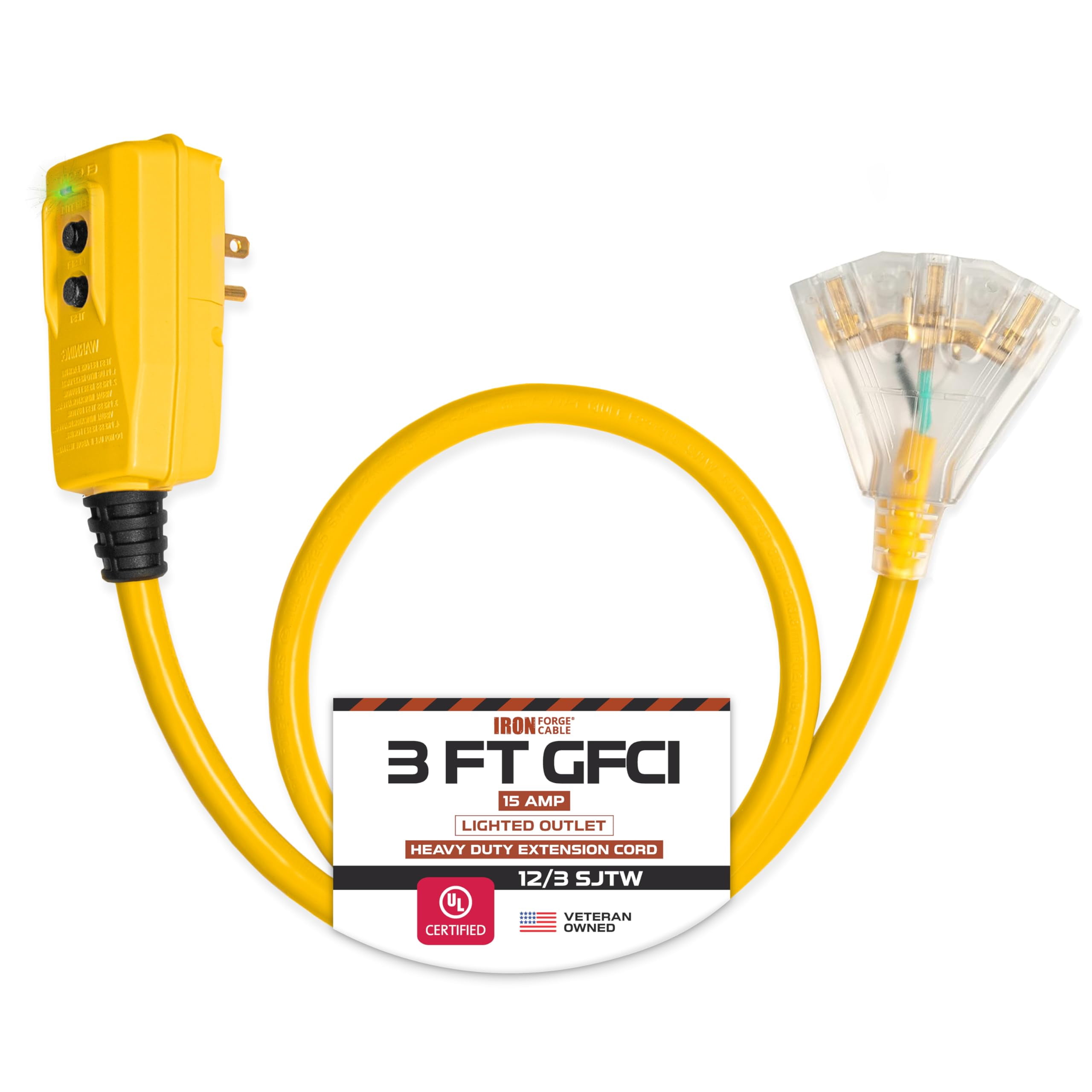 Iron Forge Cable 3ft Lighted Outdoor GFCI Extension Cord with 3 Electrical Power Outlets - 12/3 Yellow Heavy Duty Extension Cord with Multiple Outlets