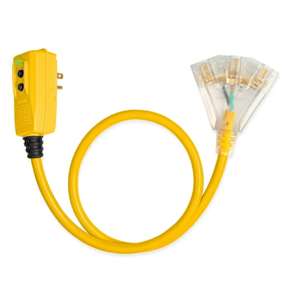 Iron Forge Cable 3ft Lighted Outdoor GFCI Extension Cord with 3 Electrical Power Outlets - 12/3 Yellow Heavy Duty Extension Cord with Multiple Outlets