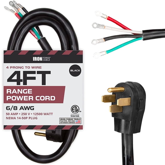 Iron Forge Cable 4 Prong Black Range Power Cord 4 ft - 50 Amp RV Extension Cord - Heavy Duty 6/8 AWG - NEMA 14-50P Flat Plug 4 Wire EV Cord