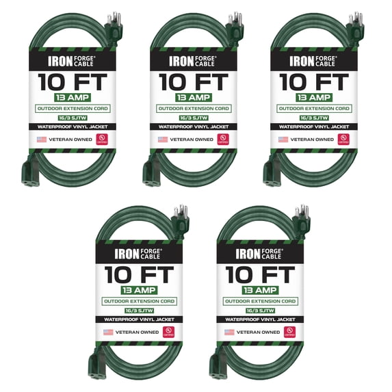 Iron Forge Cable 5 Pack Weatherproof 10 Ft Outdoor Extension Cord - 16/3 SJTW Heavy Duty Green Extension Cord 3 Prong - 13 Amp Exterior Power Cable