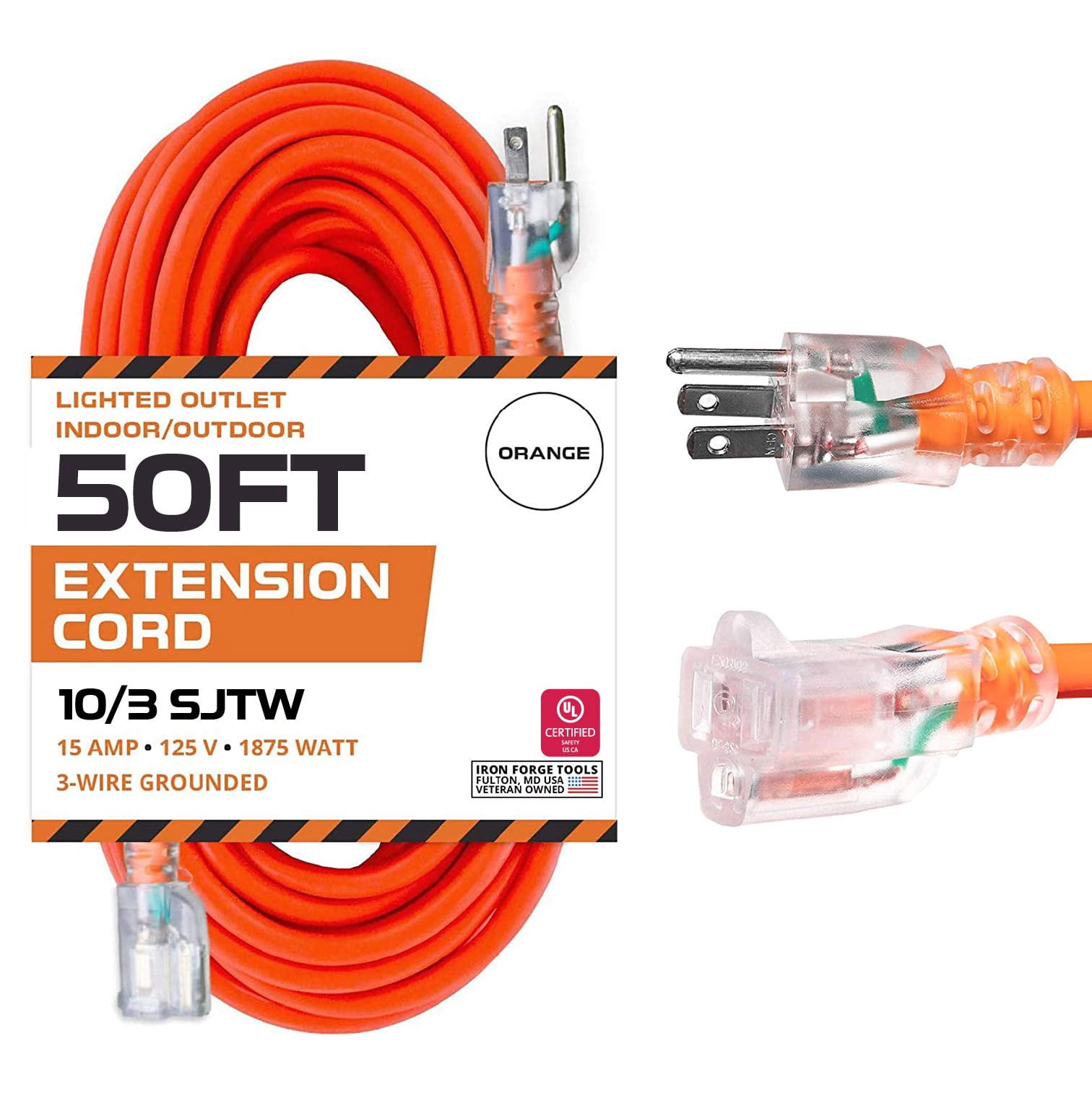 Iron Forge Cable Lighted Outdoor Extension Cord 50 Ft - 10 Gauge Heavy Duty Extension Cord, 15 AMP, 10/3 Orange Power Cable SJTW Weatherproof 3 Prong