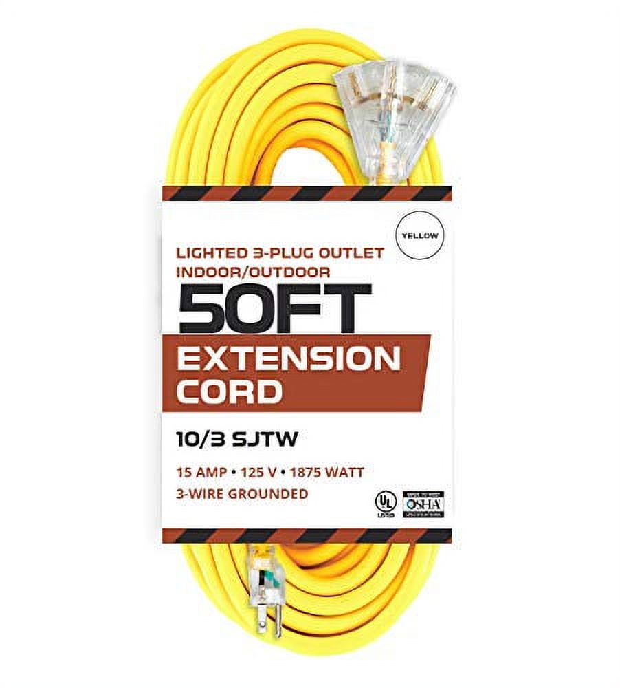 Iron Forge Cable 50 Foot Lighted Outdoor Extension Cord with 3 Electrical Power Outlets - 10/3 SJTW Yellow 10 Gauge Extension Cable with 3 Prong Grounded Plug for Safety