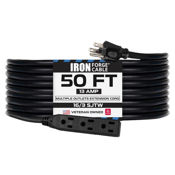 Iron Forge Cable 3 Outlet Power Strip Outdoor Extension Cord 50 ft, 16/3 Weatherproof Heavy Duty Black Extension Cord with Multiple Outlets 3 Prong