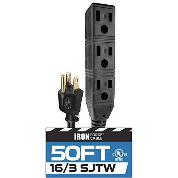 Iron Forge Cable 3 Outlet Power Strip Outdoor Extension Cord 50 ft, 16/3 Weatherproof Heavy Duty Black Extension Cord with Multiple Outlets 3 Prong