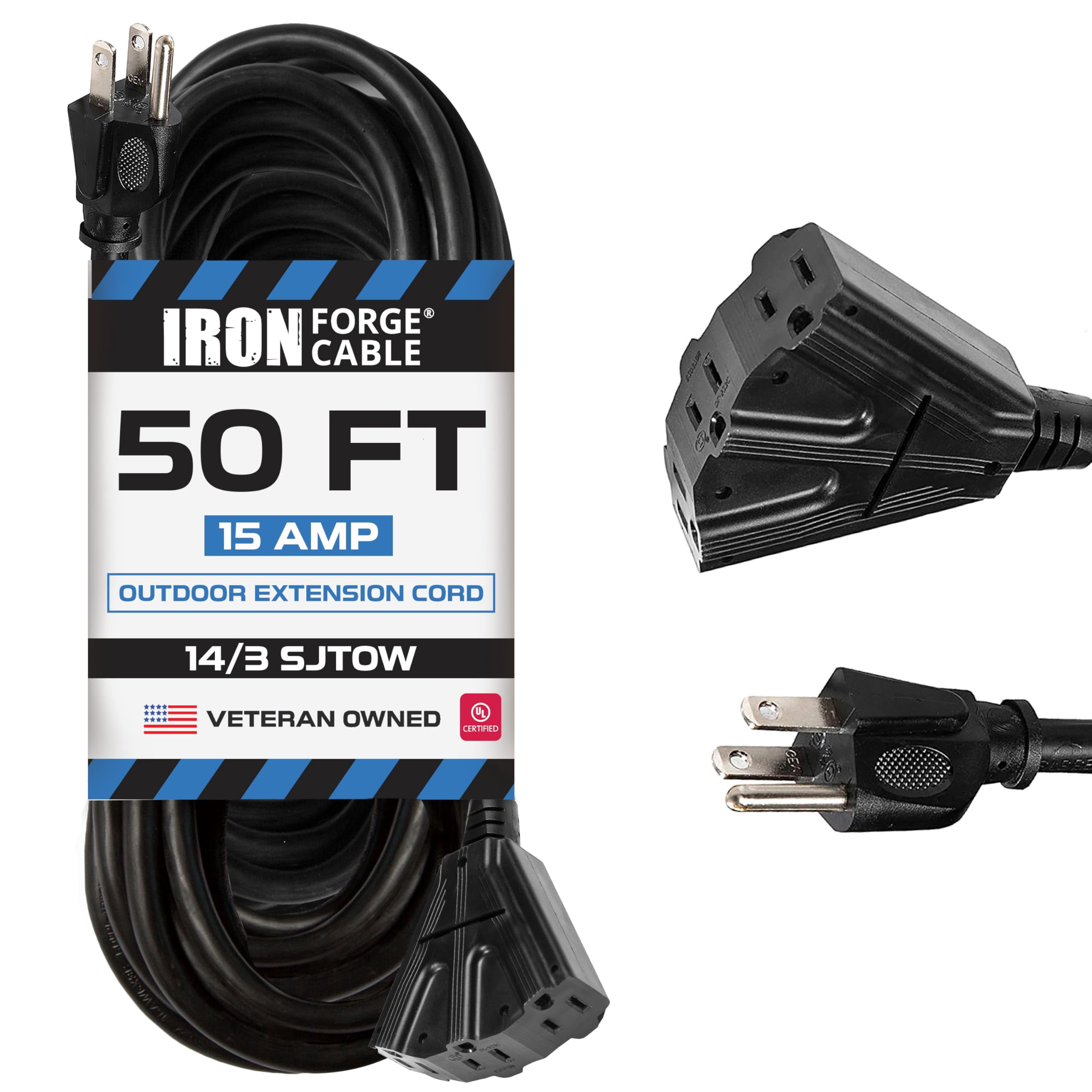 Iron Forge Cable 14 Gauge Outdoor Extension Cord 50 Ft with 3 Power Outlets, SJTOW 14/3 Heavy Duty 50 ft Black Extension Cord 3 Prong, Oil Resistant & Flame Retardant