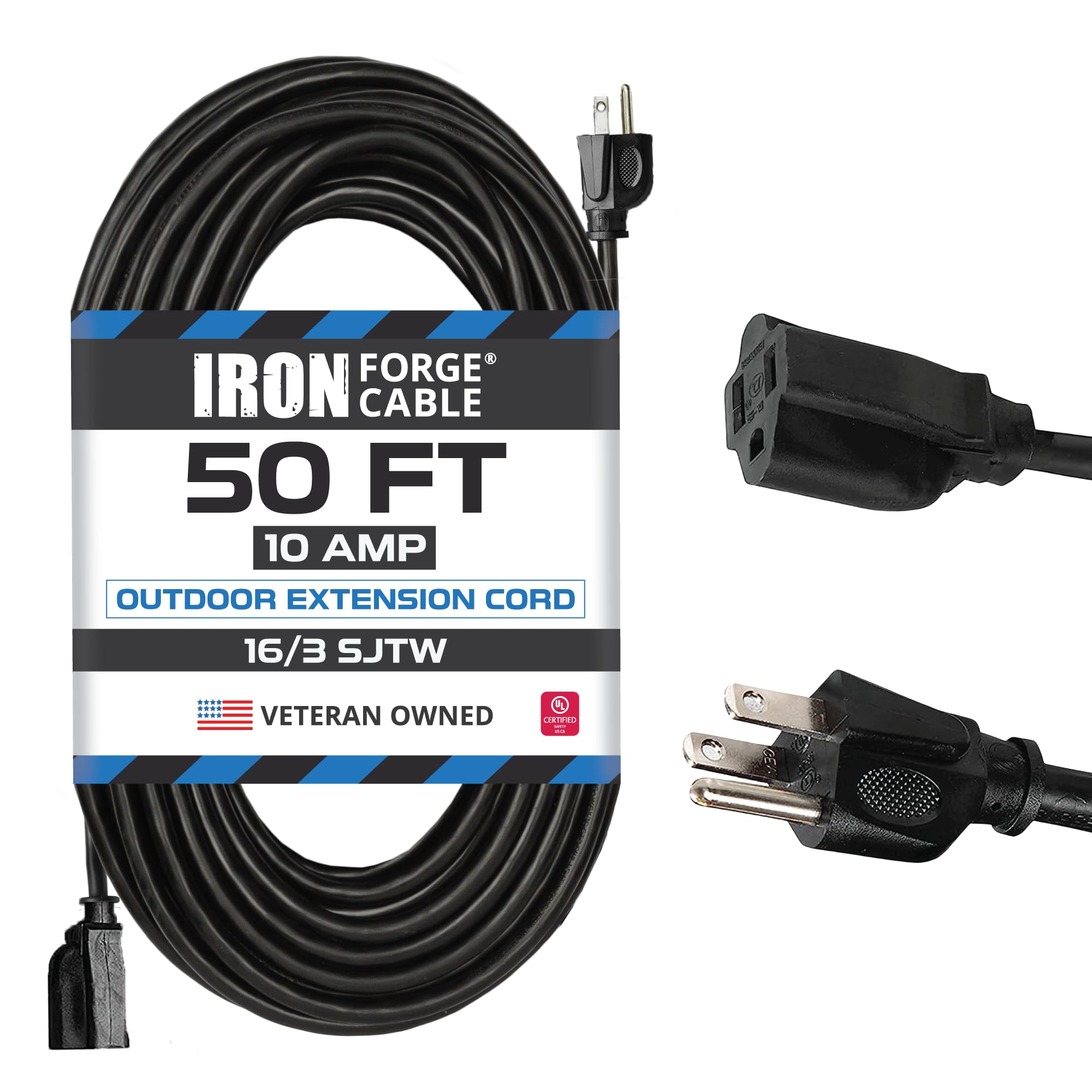 Iron Cable 50 Ft Extension Cord, 16/3 Black 50 Foot Extension