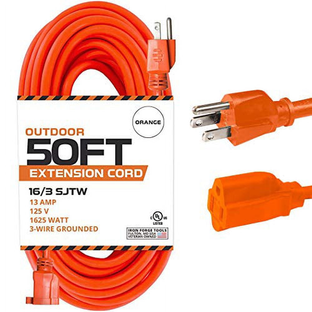 Iron Forge Cable 50 Ft Orange Extension Cord - 16/3 SJTW Heavy Duty Outdoor Extension  Cable with 3 Prong Grounded Plug for Safety - Great for Garden & Major  Appliances 
